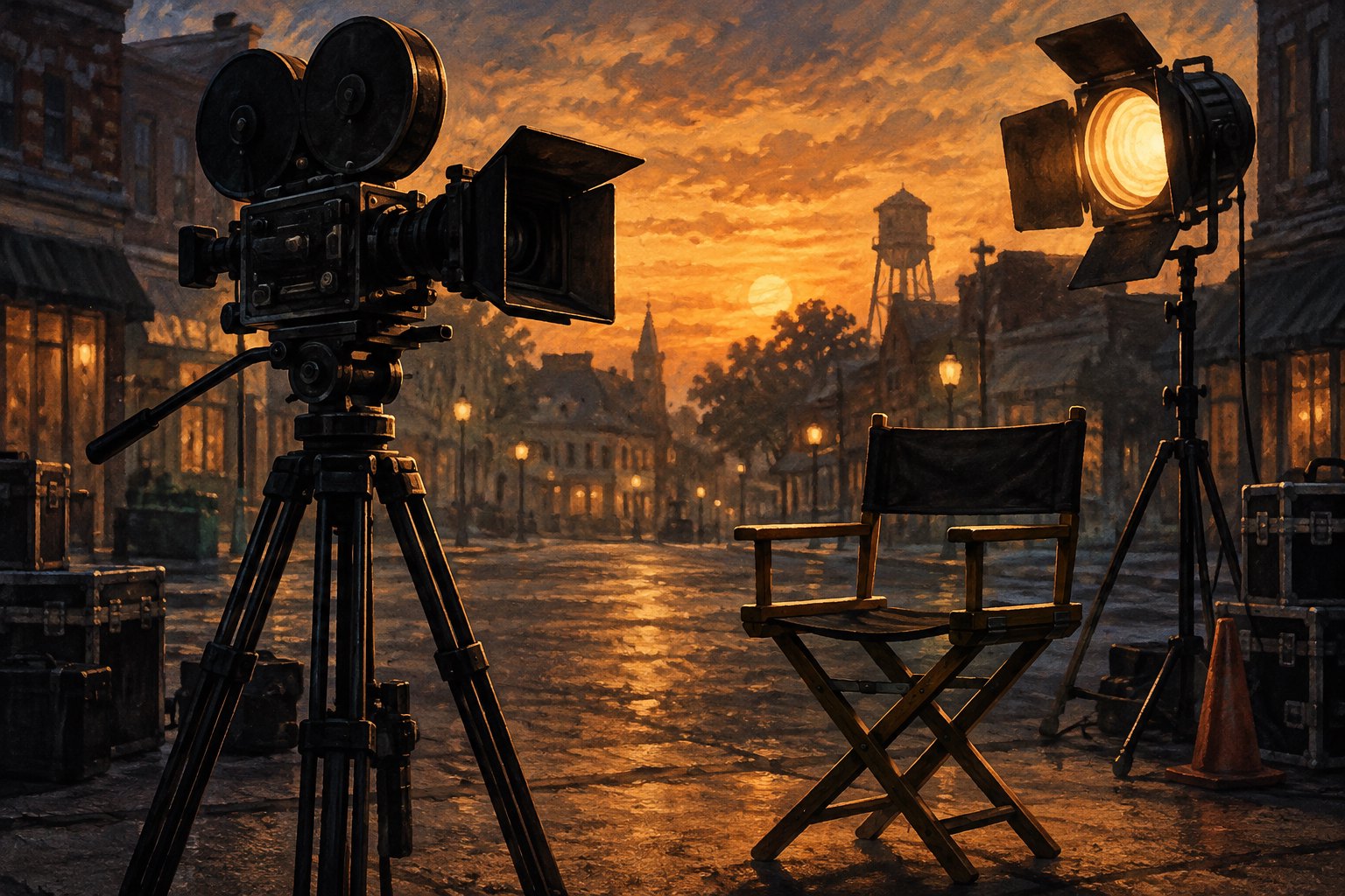 Conceptual illustration of a movie camera, empty director’s chair, and glowing film light on a small-town street at sunset.