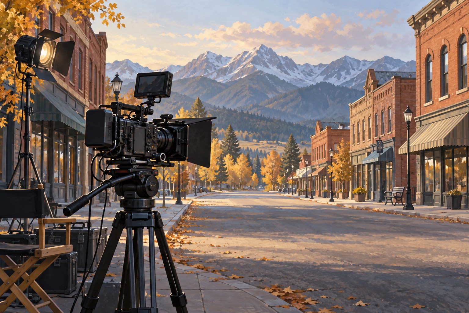 Editorial illustration of a movie camera on a quiet Montana-style main street with autumn trees and mountains.