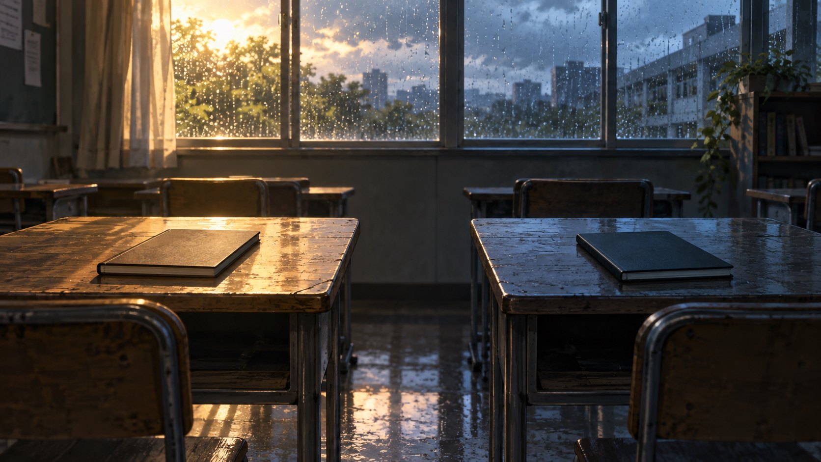 雨後教室裡的兩張課桌分處陽光與陰影,以概念畫面呼應校園故事中的情感落差
