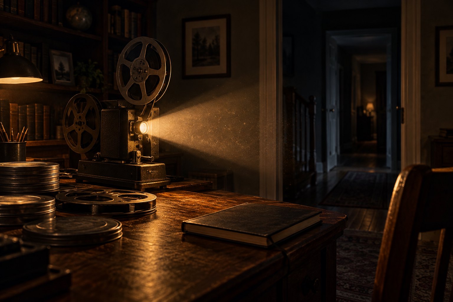 An illustrated film projector casts warm light across a shadowy study beside loose reels and an open hallway.