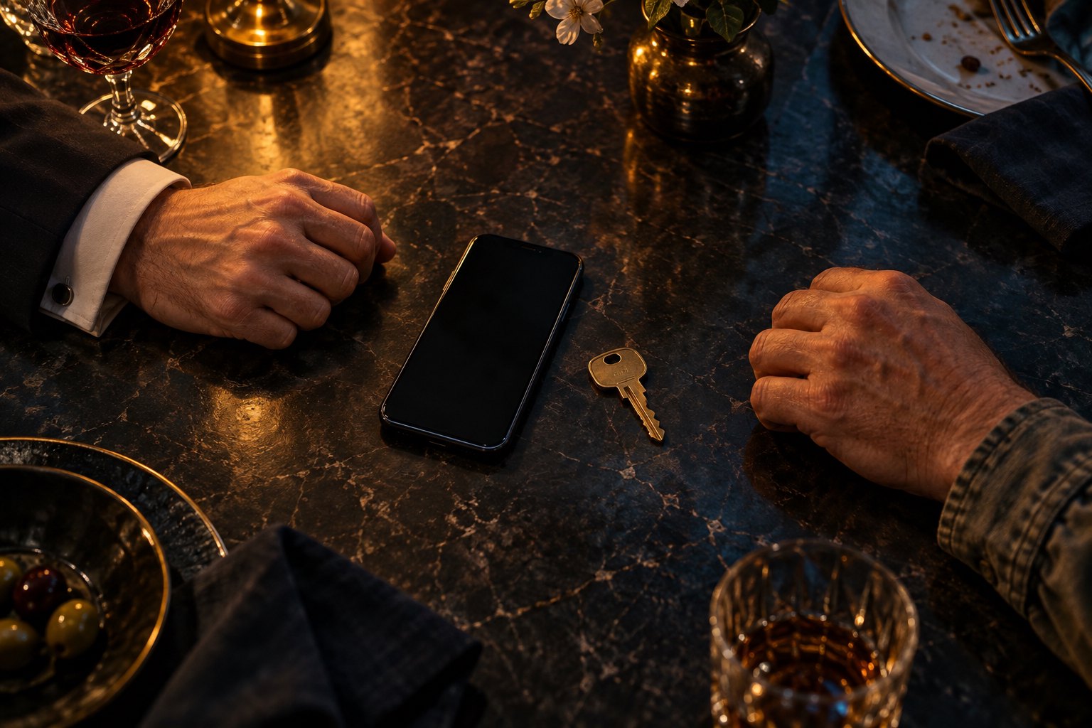 Conceptual illustration of two adults' hands on opposite sides of a dark dining table, with a smartphone and brass key between them.