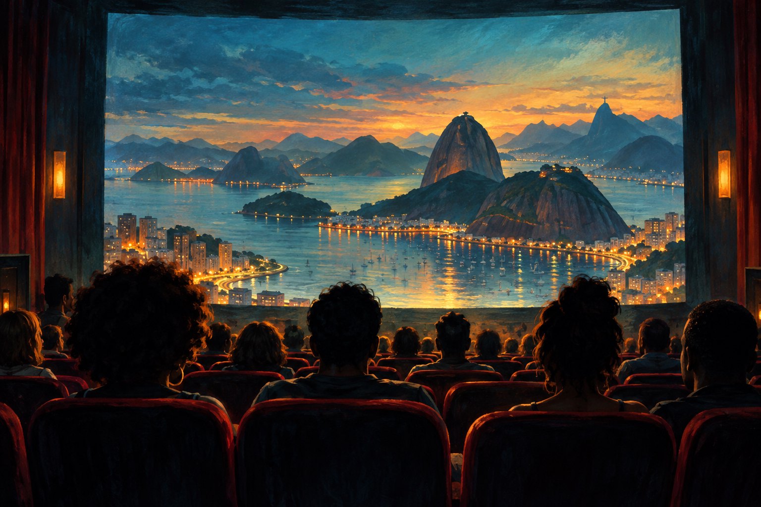 Editorial illustration of a theater audience facing a screen filled with Rio de Janeiro’s mountains and illuminated waterfront.