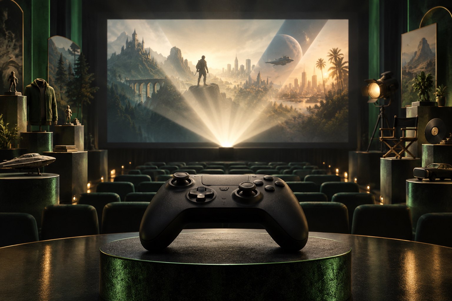 Conceptual illustration of an unbranded game controller with cinema seating and a glowing projection beam.