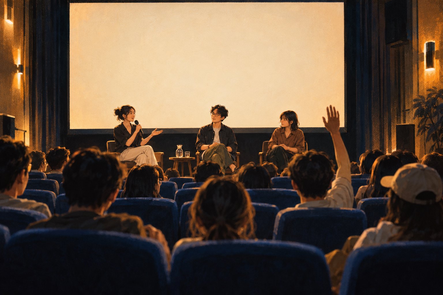 青年电影映后交流概念插画：观众在蓝色座椅间举手，面向银幕前的交流嘉宾