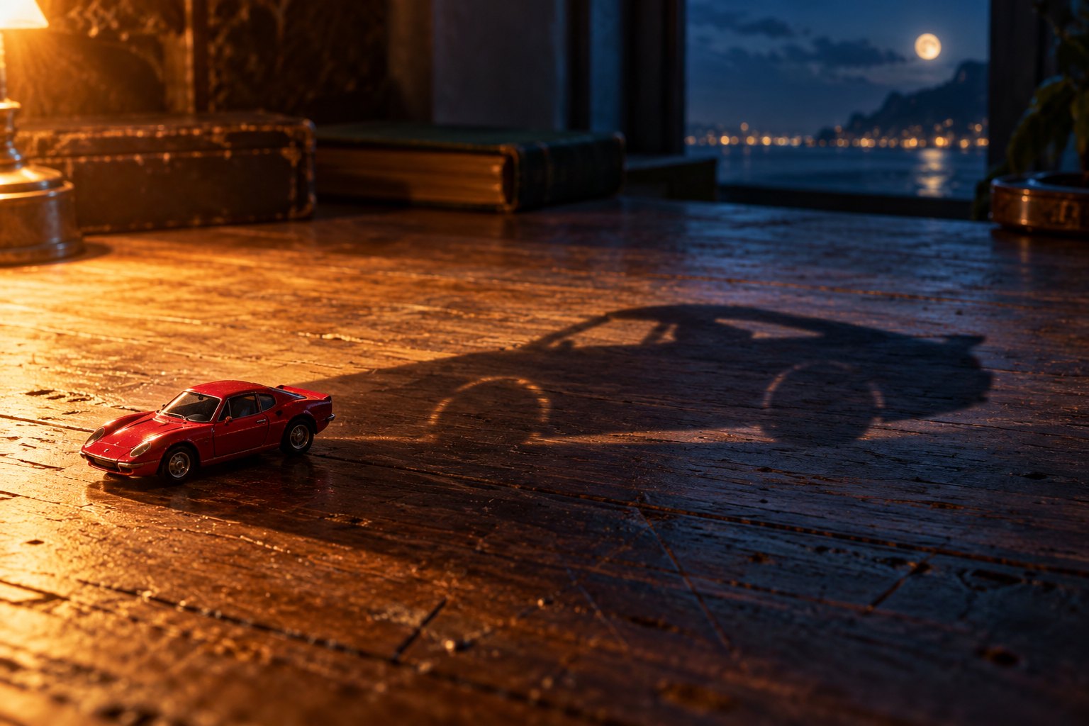 A red miniature sports car casts a large car-shaped shadow across a wooden tabletop in warm lamplight.