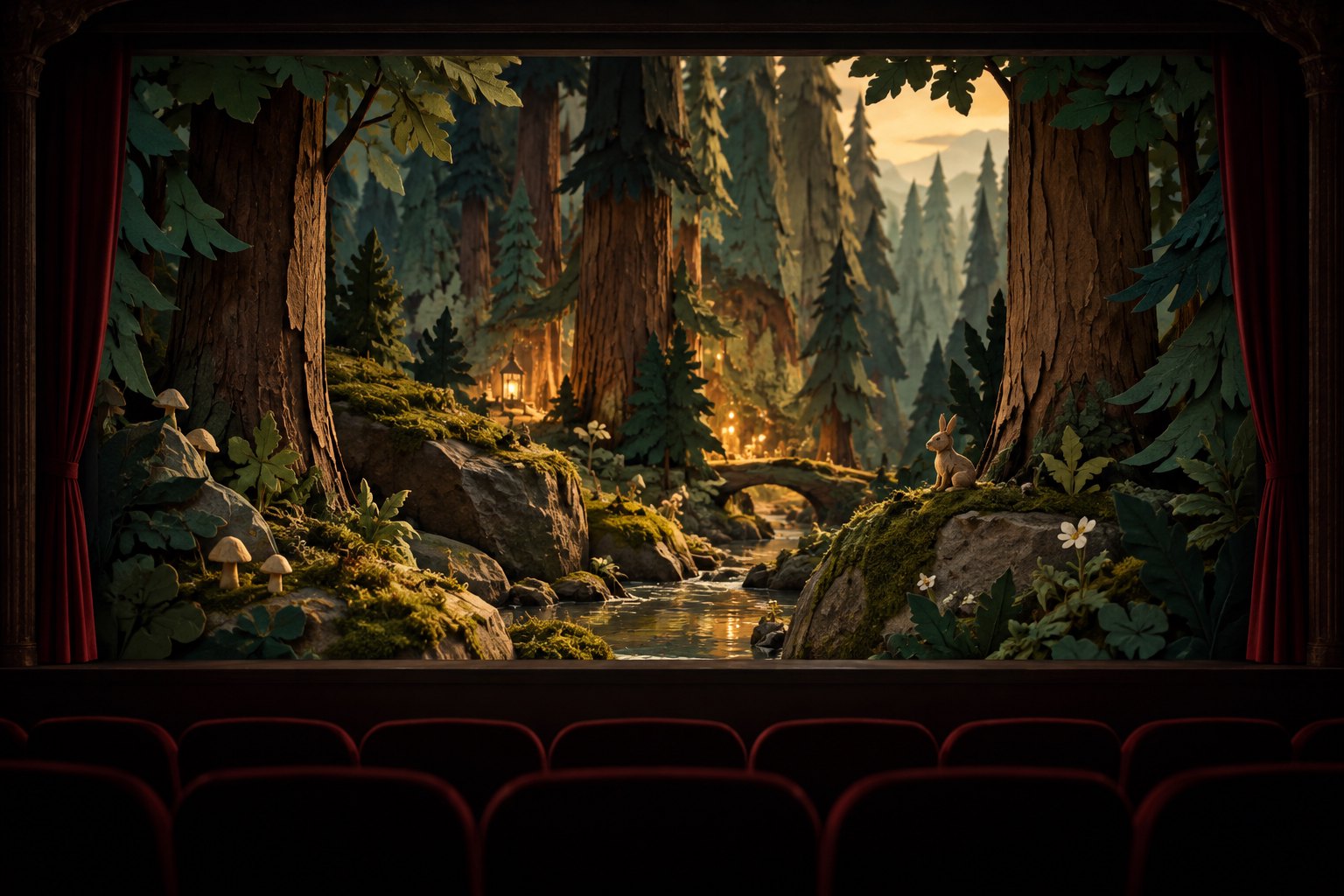 Conceptual illustration of a miniature forest glowing beyond a cinema proscenium, with empty seats in the foreground.