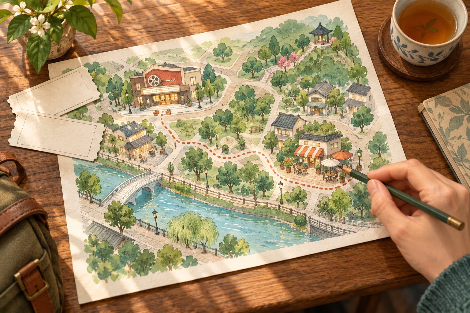 概念插画:木桌上的无字地图串联影院、餐馆与河边步道,一只手用铅笔指向游览路线。