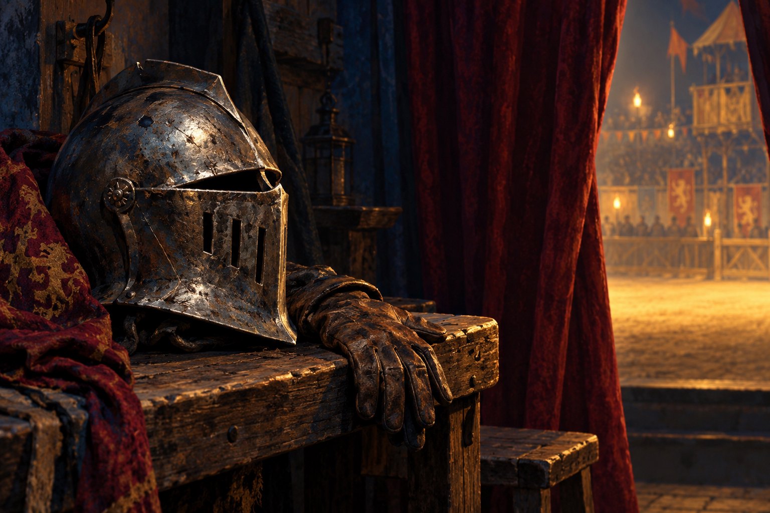 Conceptual illustration of a worn theatrical helmet and leather gloves on a backstage bench beside a red curtain.
