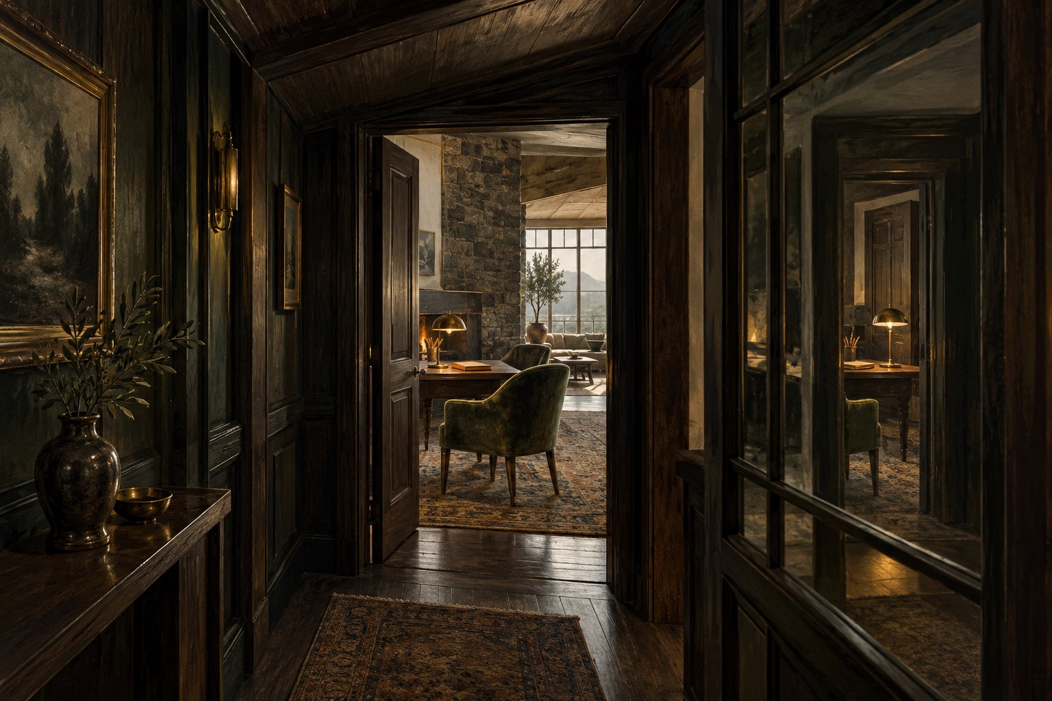 Concept illustration of a shadowed wooden corridor opening into a warmly lit writing room, with mirrored glass reflecting the doorway.