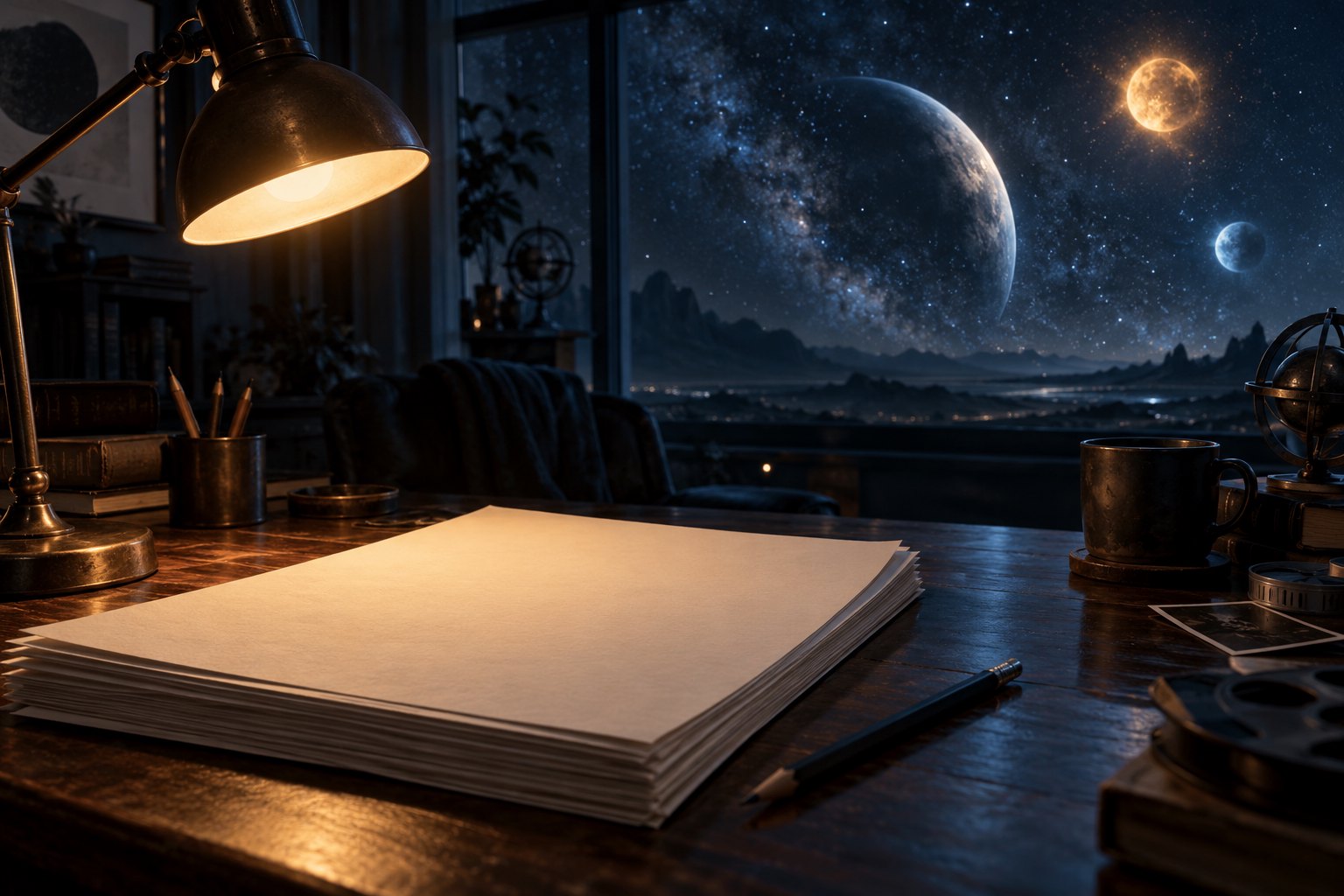 科幻创作概念插画:台灯照亮桌上的稿纸与铅笔,窗外是星空和遥远天体
