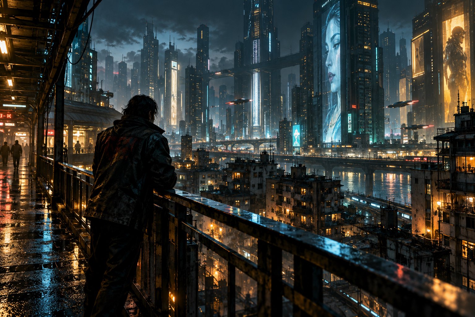 Concept illustration of a lone figure overlooking a rain-soaked futuristic city from an elevated walkway.
