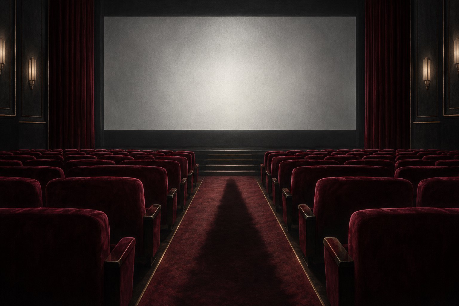 An illustrated empty movie theater with burgundy seats, a blank screen, and a long shadow stretching down the center aisle.