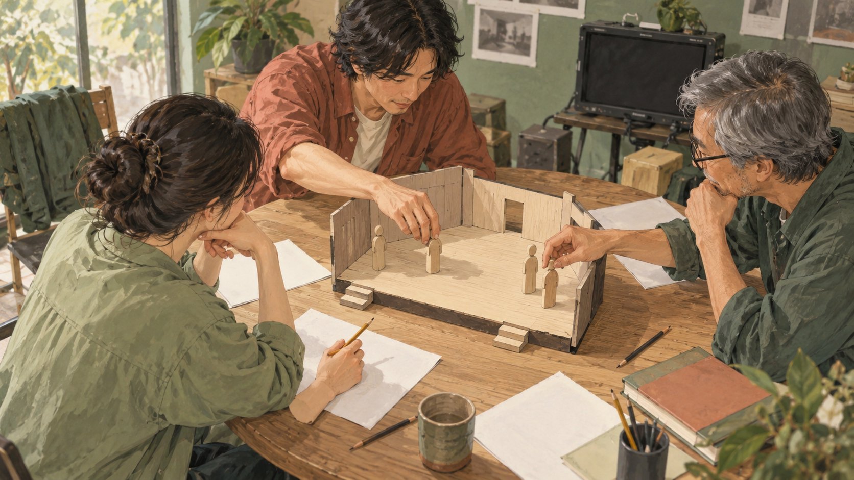 不同世代的創作者圍桌討論人物走位模型的原創示意插畫，非《失樂園》製作現場