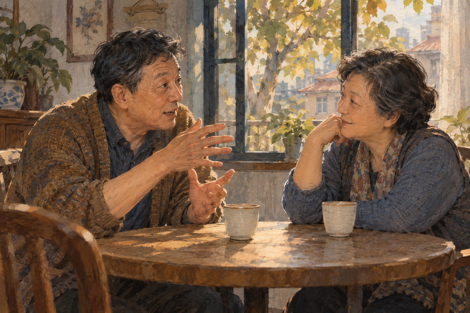 日常交谈主题插画：两位居民在窗边茶桌旁一说一听，非影片剧照