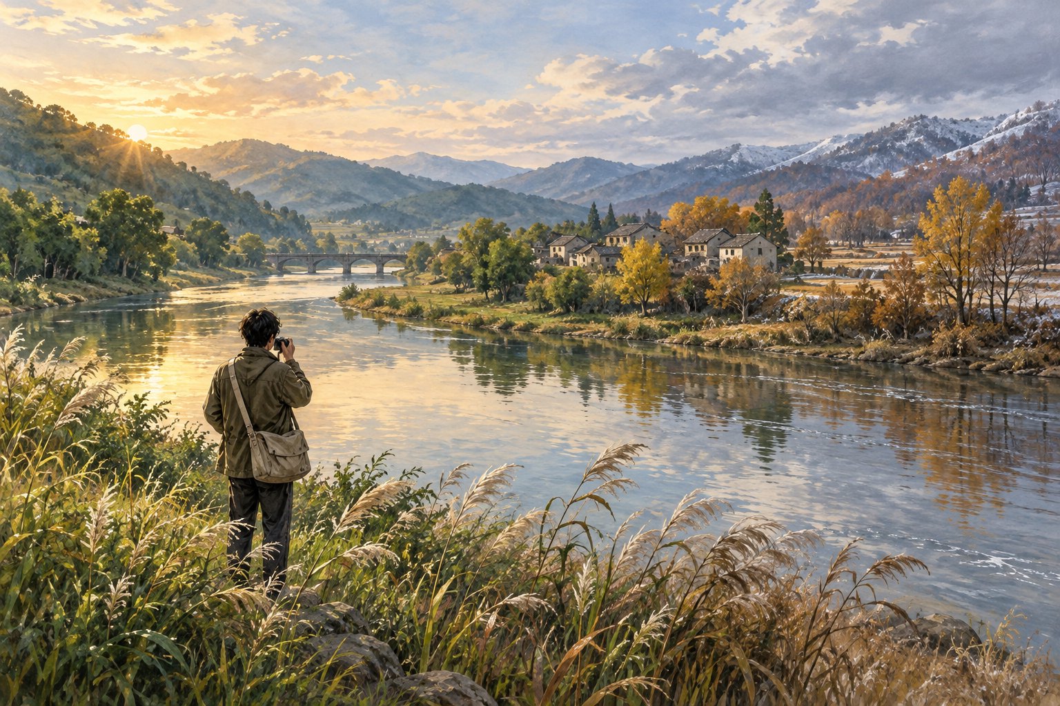 跨季度勘景主题插画:勘景者在河岸举起相机,对岸绿树、金黄树叶与薄雪呈现季节变化