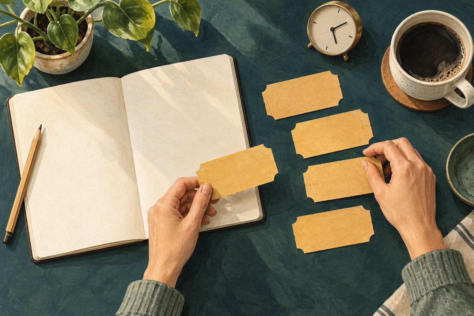Overhead illustration of hands arranging blank ticket cards beside a notebook, pencil, clock, and coffee.