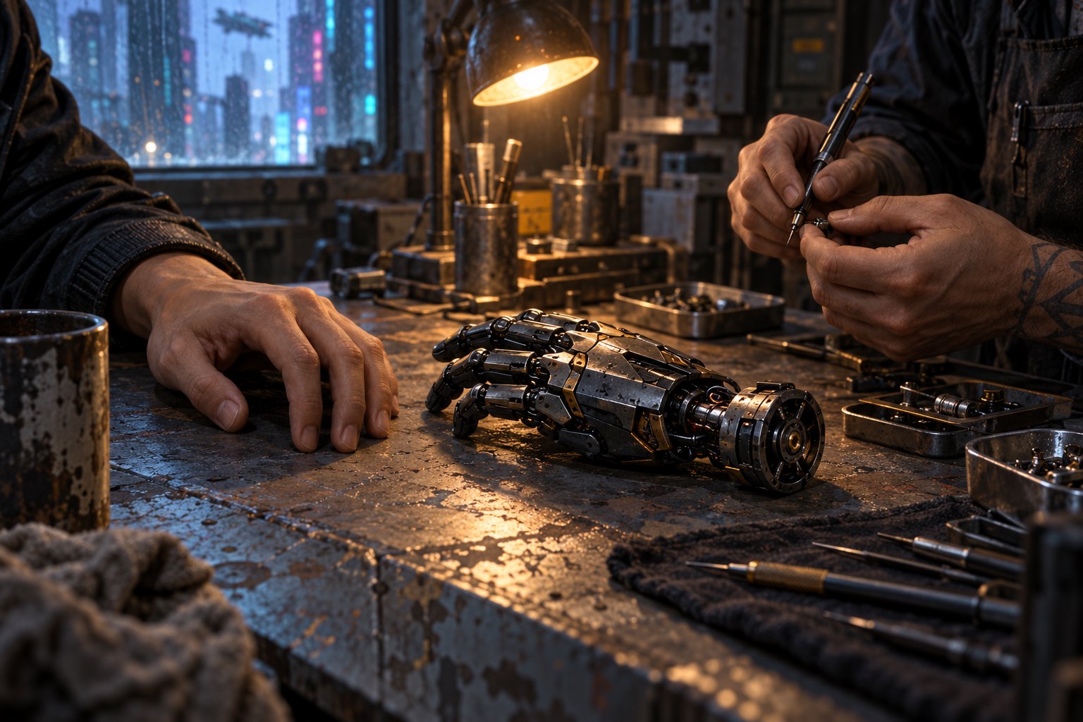 Concept illustration of a detached mechanical hand on a worn workbench beside a customer's hand and a technician holding a tool.