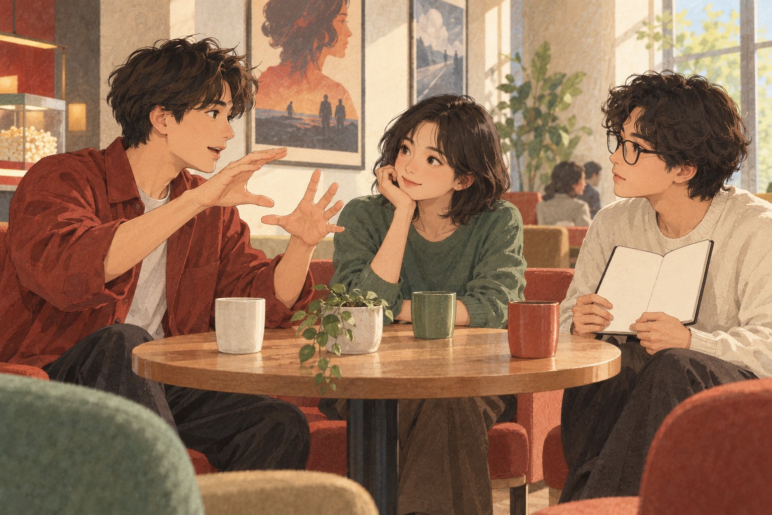 概念插画:三位年轻观众在影院休息区围桌交流,一人手持空白笔记本