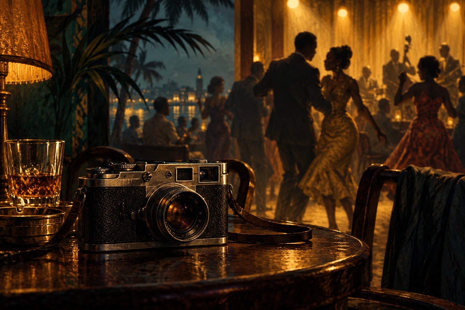 Conceptual illustration of a vintage camera on a nightclub table with dancers silhouetted in amber light.
