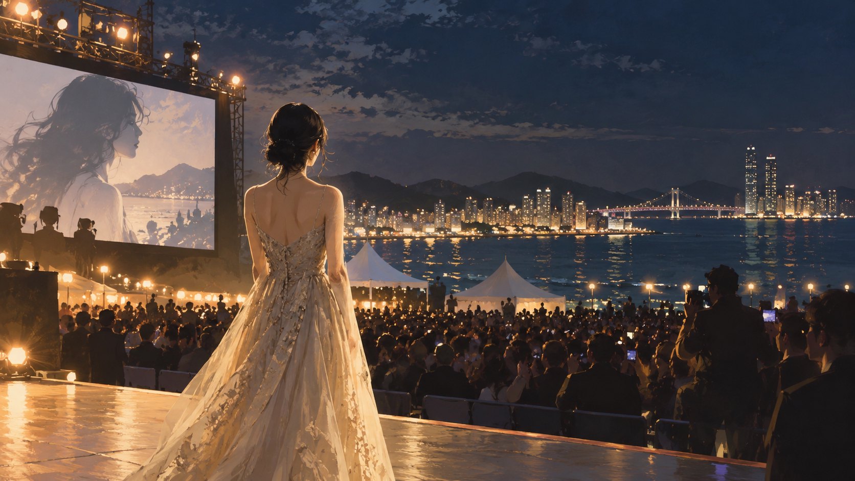 海濱夜色中,女性表演者背對視角面向舞台前的人群,呈現影展應援氛圍的情境插畫,非活動實景