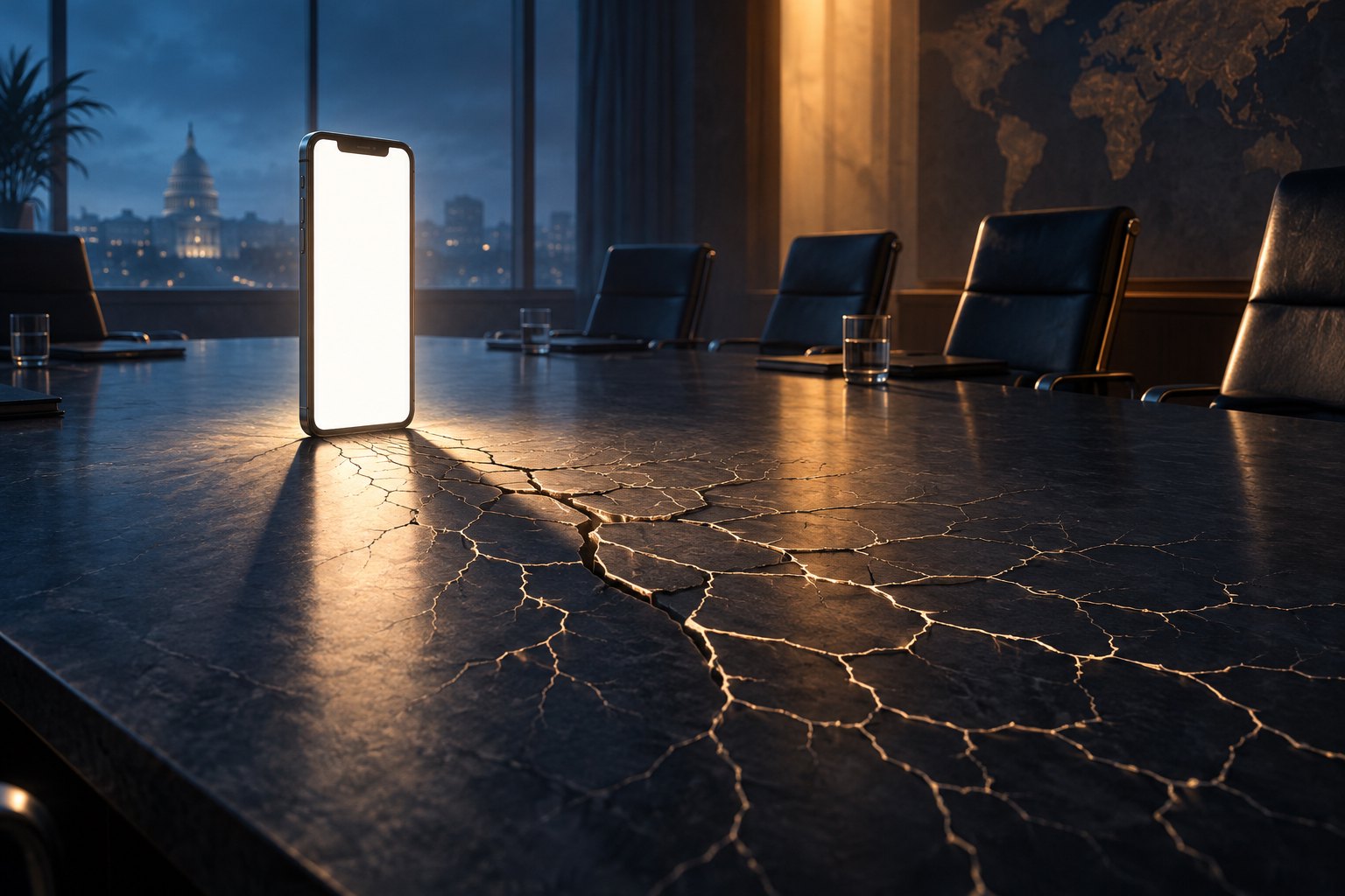 Conceptual illustration of a glowing smartphone on a cracked conference table surrounded by empty executive chairs.