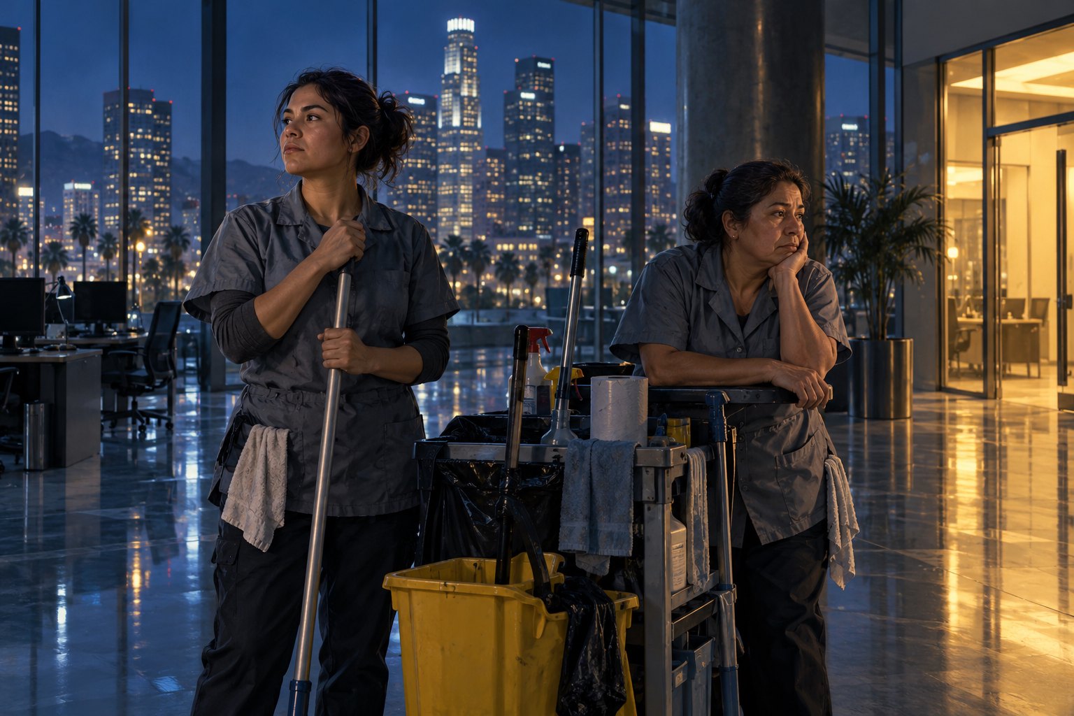 Original editorial illustration of two women cleaners beside a janitorial cart in a glass-walled Los Angeles office tower at night.