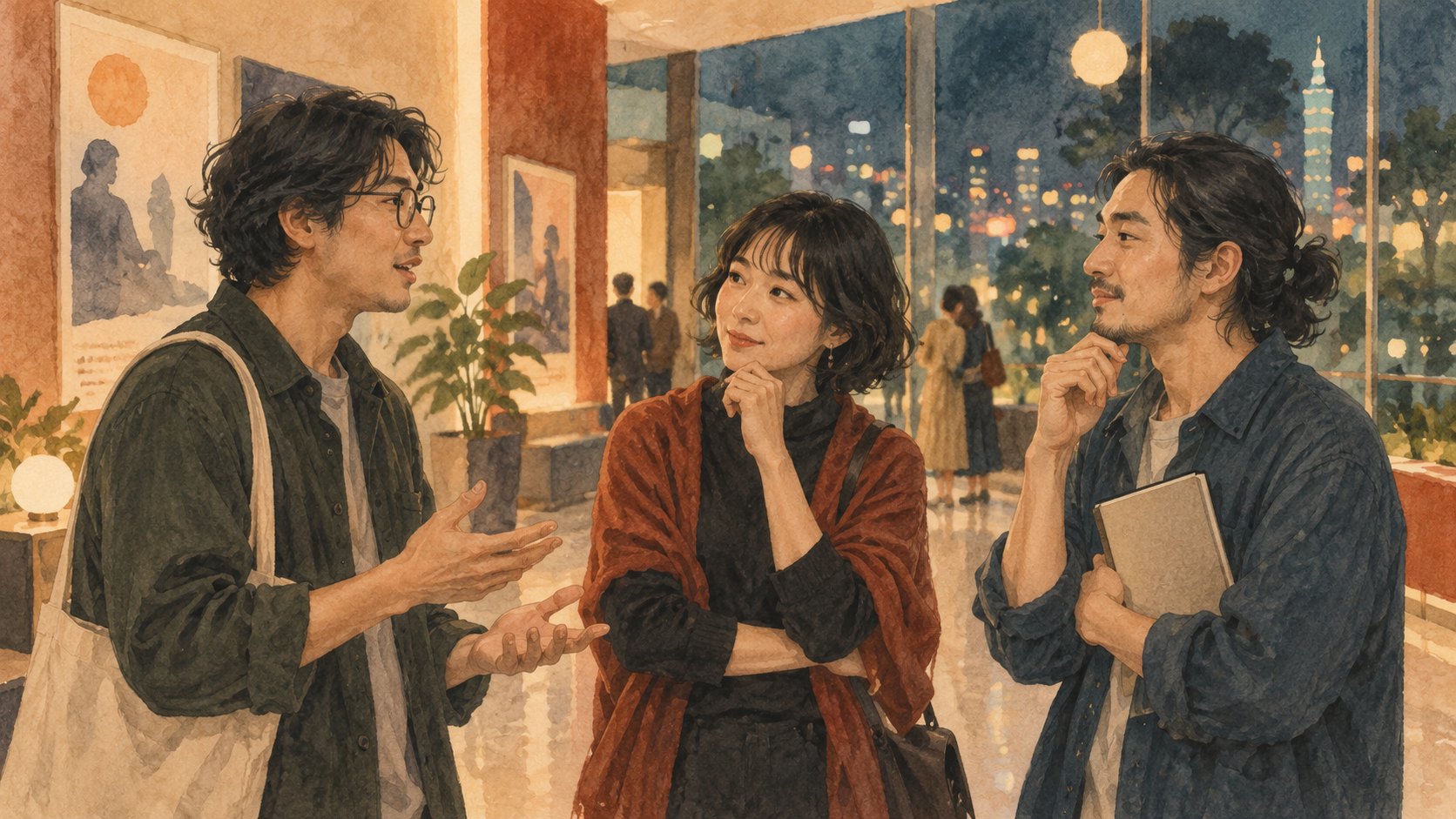 三名觀眾在散場後的明亮大廳交換觀影感受的情境插畫,非活動現場紀錄