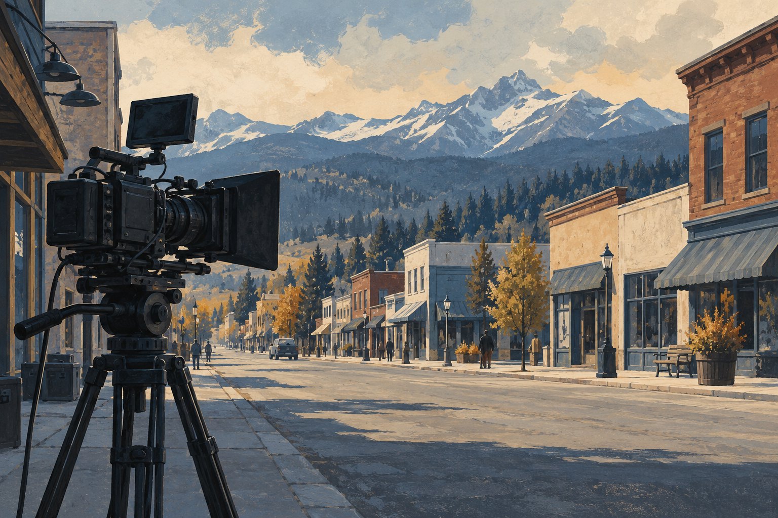Conceptual illustration of a movie camera overlooking a small-town street with mountains in the distance.