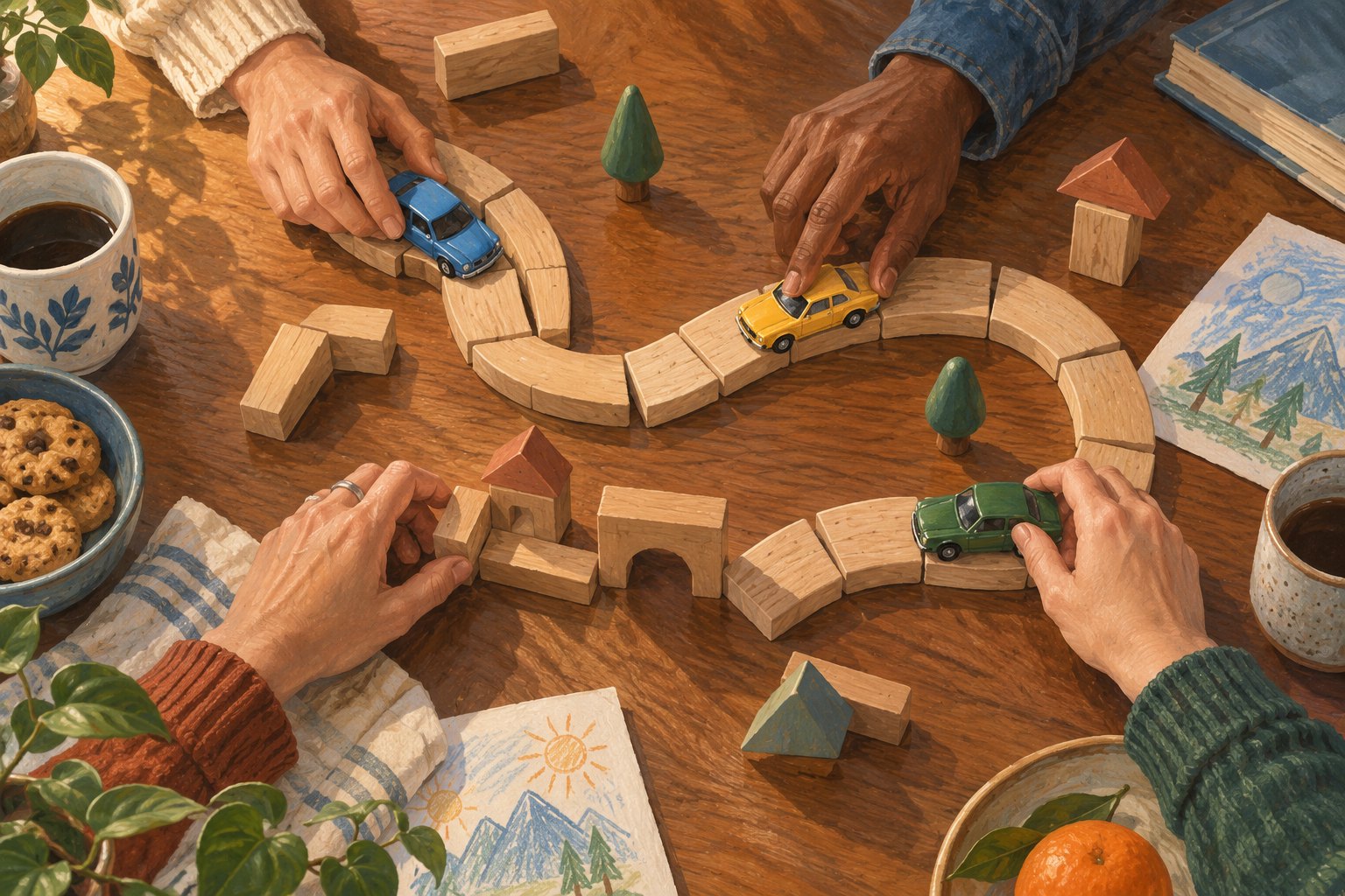 Conceptual illustration of four adult hands arranging colorful toy cars and a wooden-block road on a table.