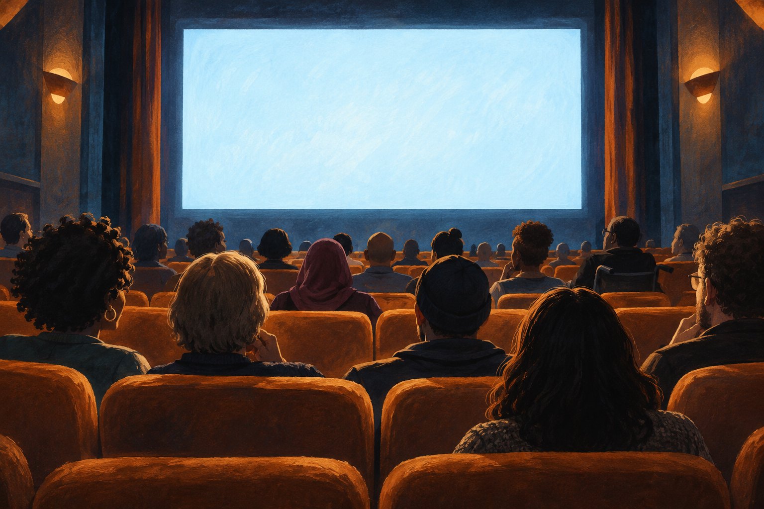 Conceptual illustration of an audience facing a glowing blank screen in a warmly lit cinema.