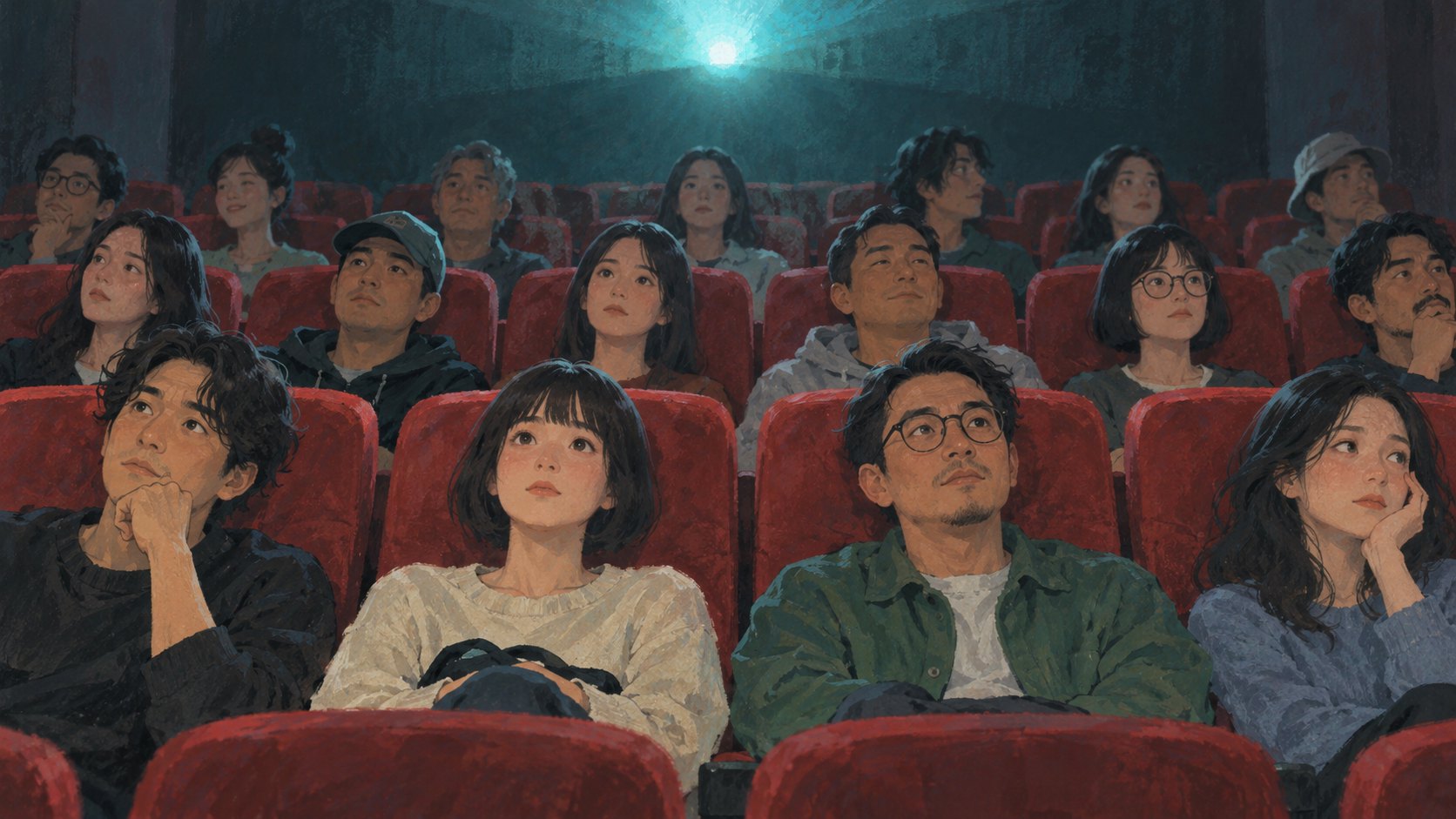 銀幕光線映照不同神情觀眾的概念插畫,非事件現場