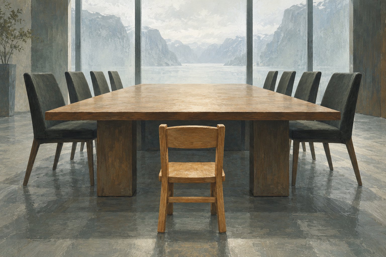 Conceptual illustration of a small empty wooden chair facing a meeting table surrounded by adult-size chairs.