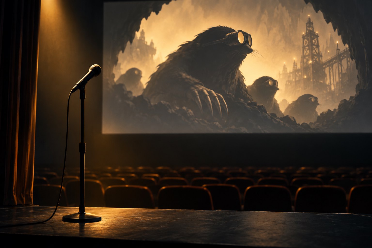 Conceptual illustration of a microphone before a cinema screen showing imaginary mole-like creatures, not footage or creature designs from Molepeople.