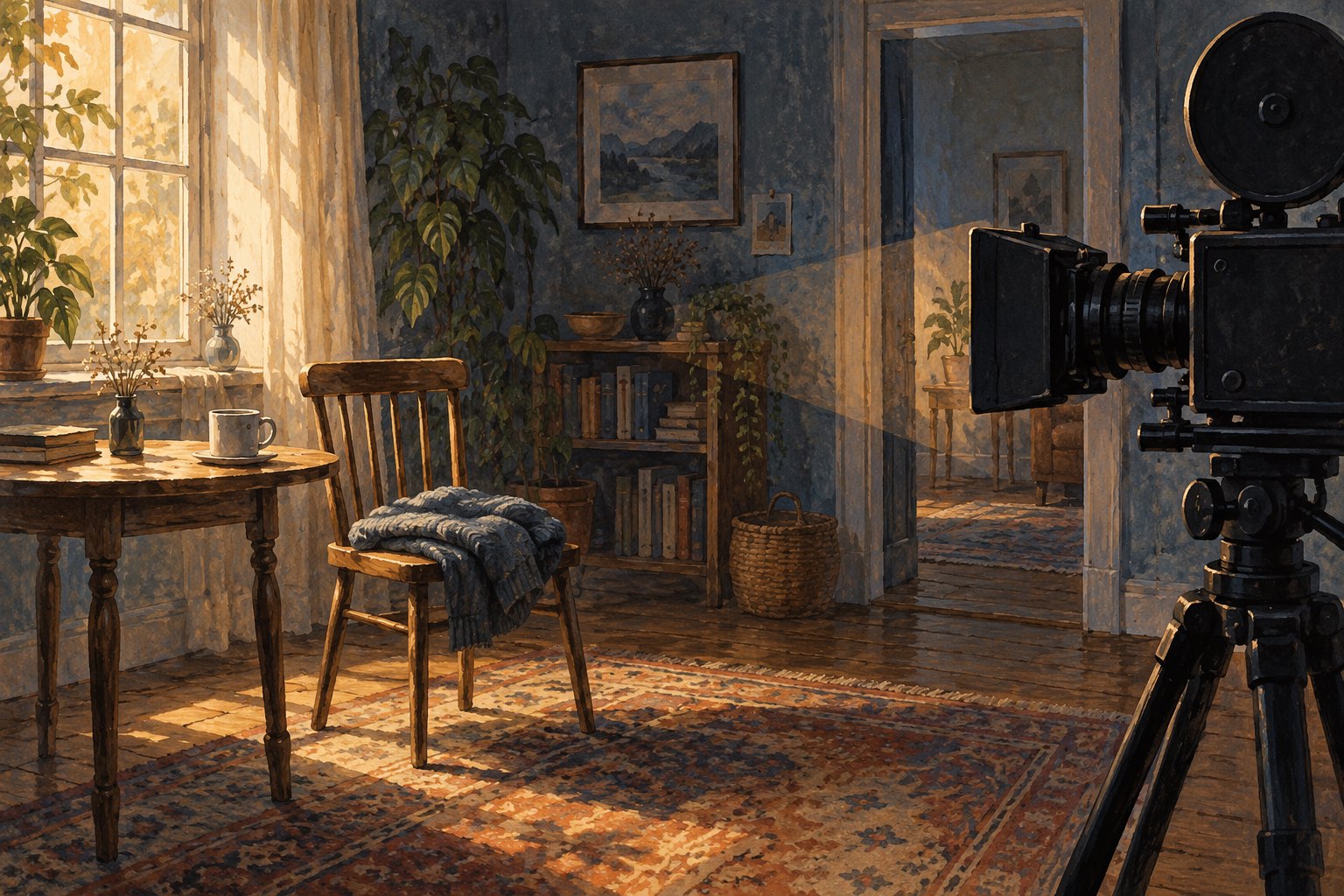 Conceptual illustration of a movie camera facing an empty chair, a folded sweater, and a cup beside a sunlit window.