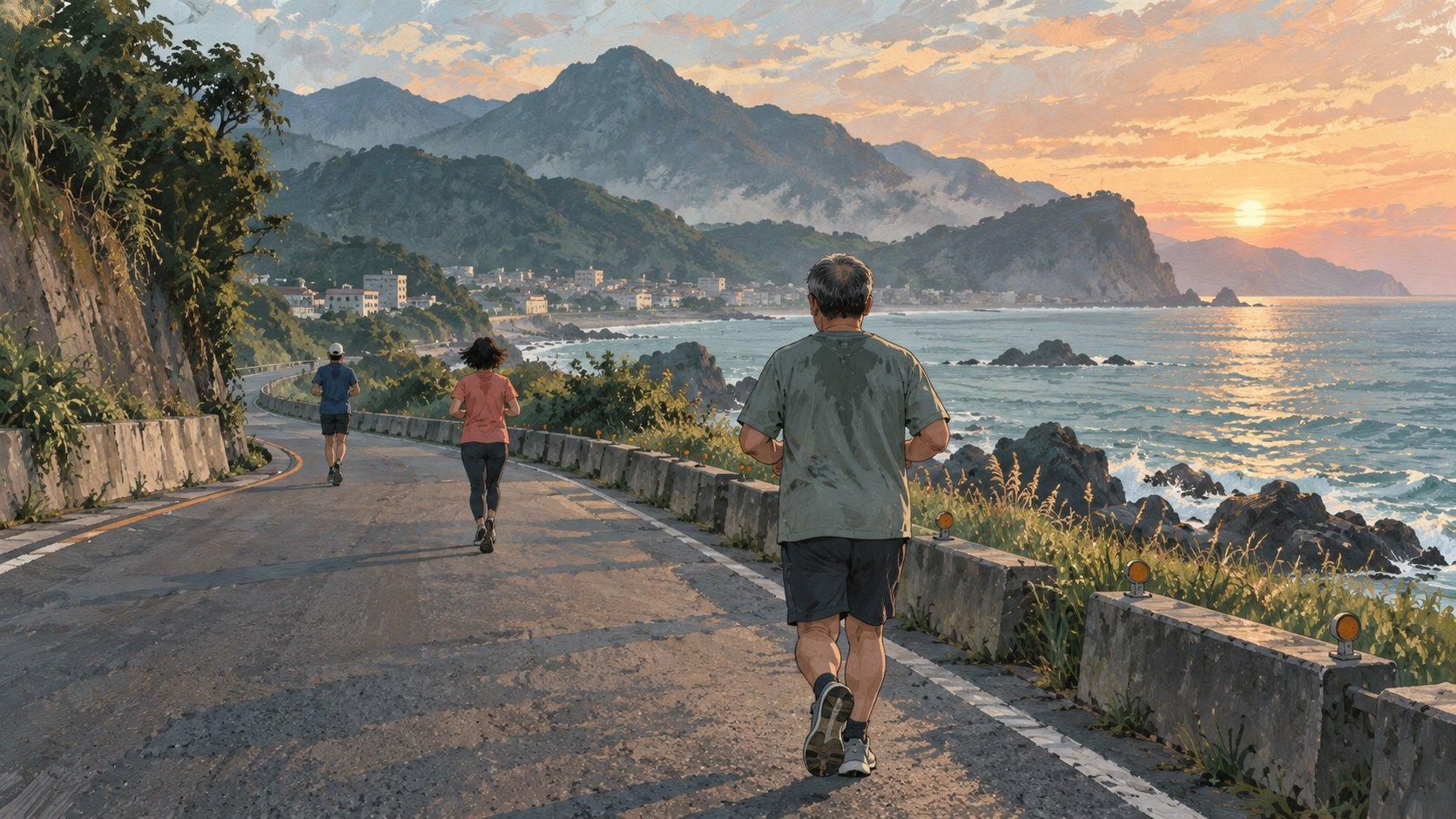 原創概念插畫：三名普通跑者迎著晨光，以不同步調沿海岸公路前進，非電影劇照