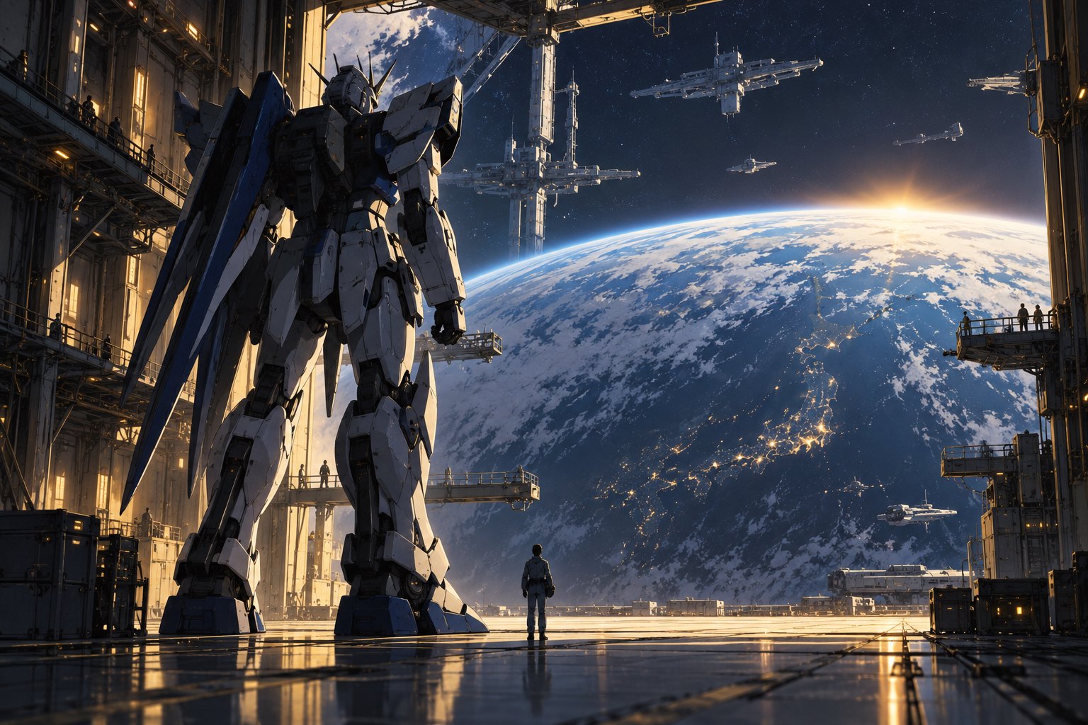 Concept illustration of a towering white and blue mecha beside a small human figure in an orbital hangar overlooking Earth.
