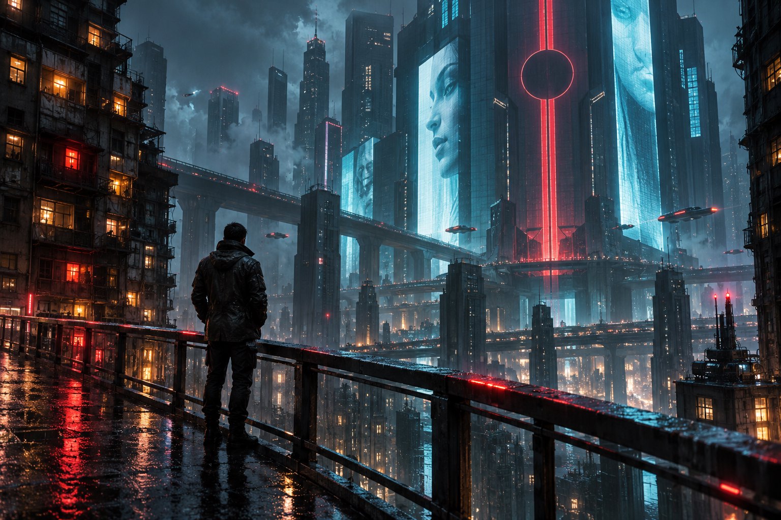 Concept illustration of a lone figure overlooking a rain-soaked futuristic city with towering blue and red illuminated buildings.