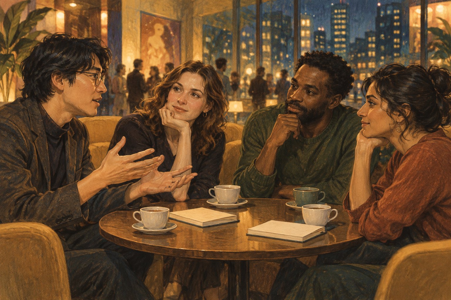 四位观众围坐影院休息区交流观影感受，原创概念插画，非电影展现场
