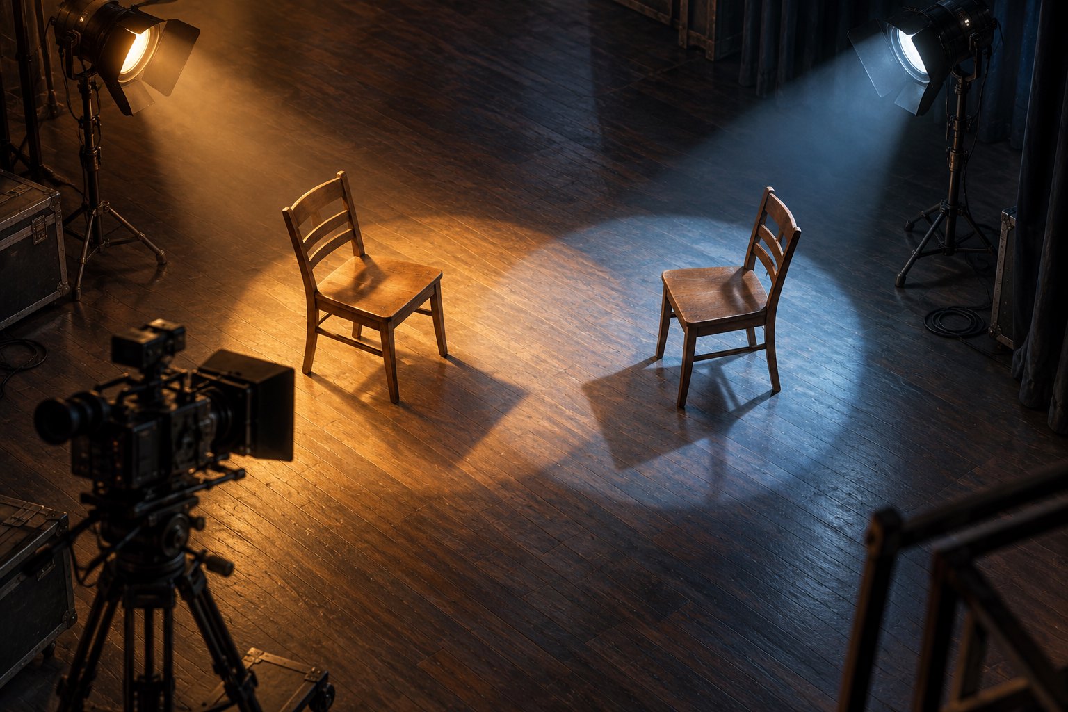 Conceptual illustration of two empty wooden chairs under warm and cool studio lights, with a cinema camera in the foreground.