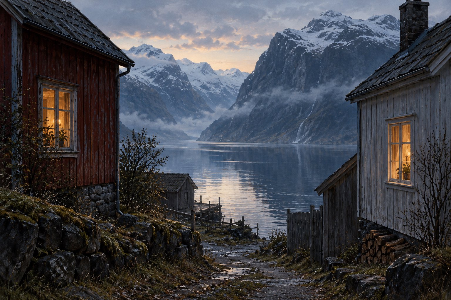 Painterly illustration of neighboring wooden houses with warm windows beside a misty Norwegian fjord.