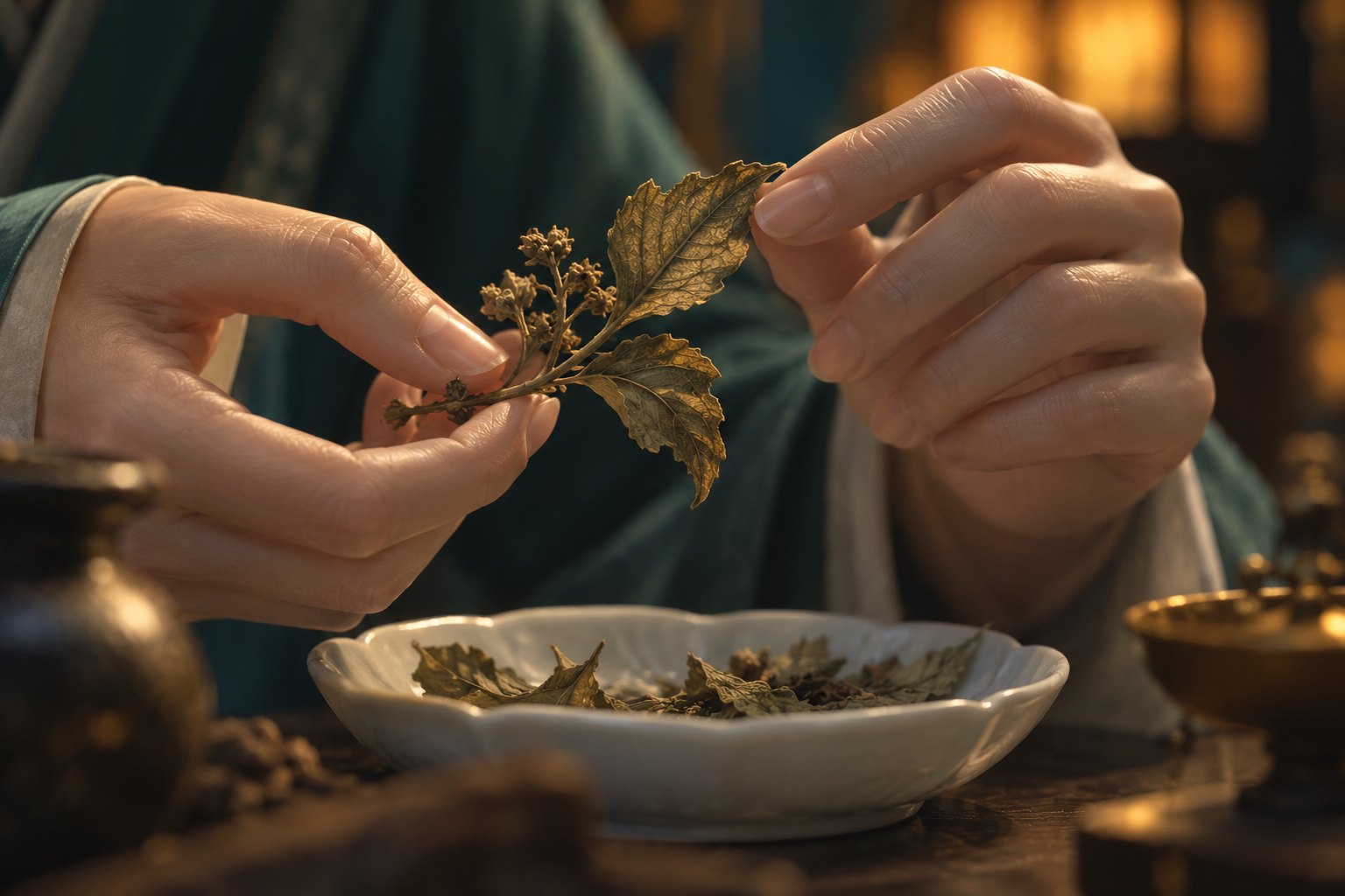 Conceptual illustration of hands examining a dried botanical sprig above a shallow porcelain dish.