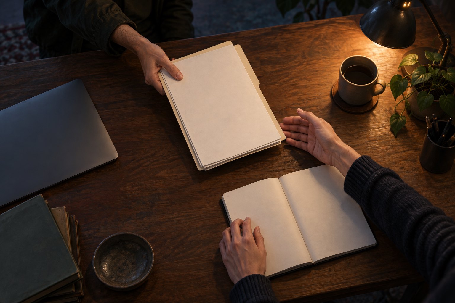 Conceptual illustration of two people exchanging blank documents across a desk beside an open notebook and a closed laptop.