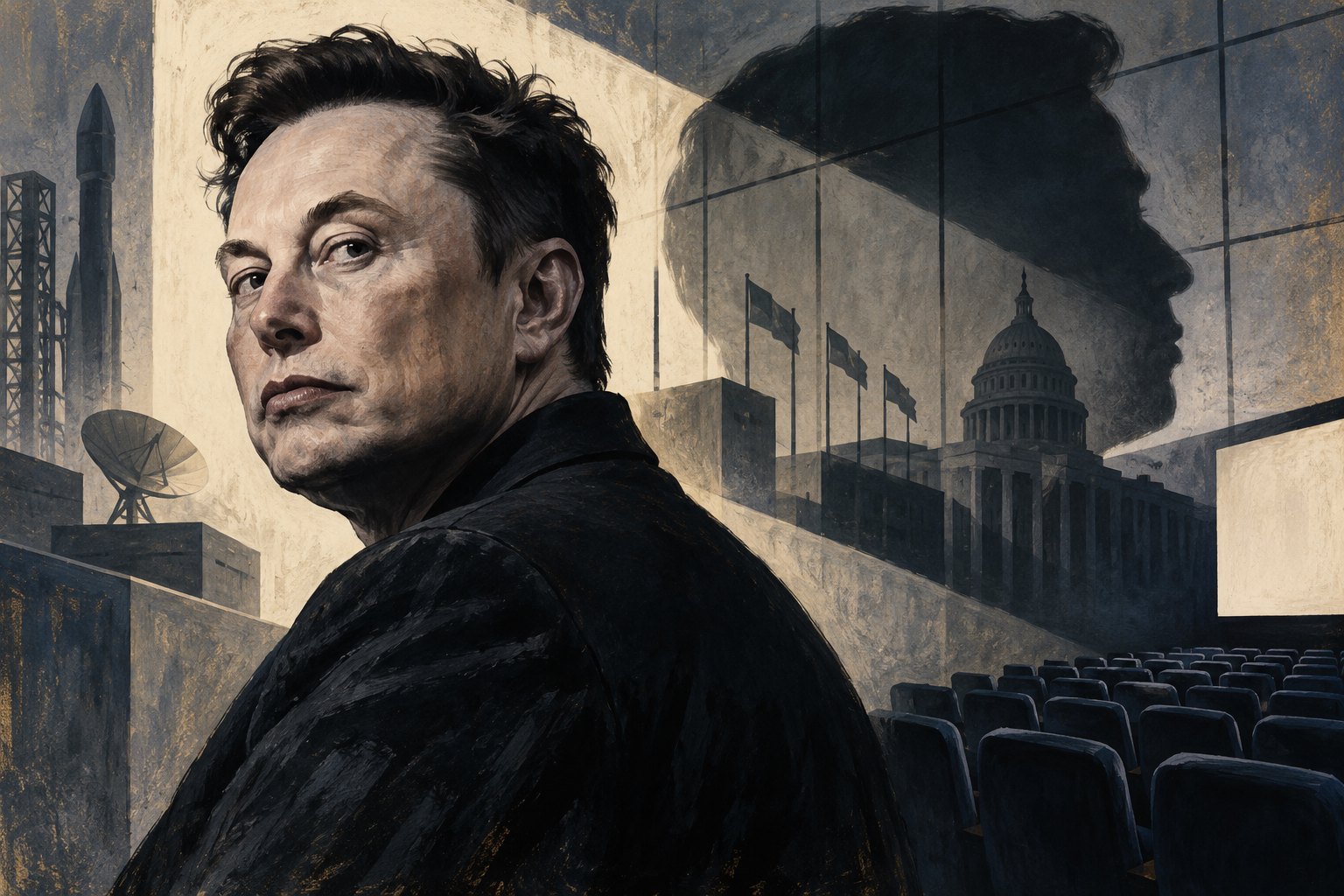 Conceptual illustration of Elon Musk beside an oversized shadow, institutional buildings, and rows of empty cinema seats.