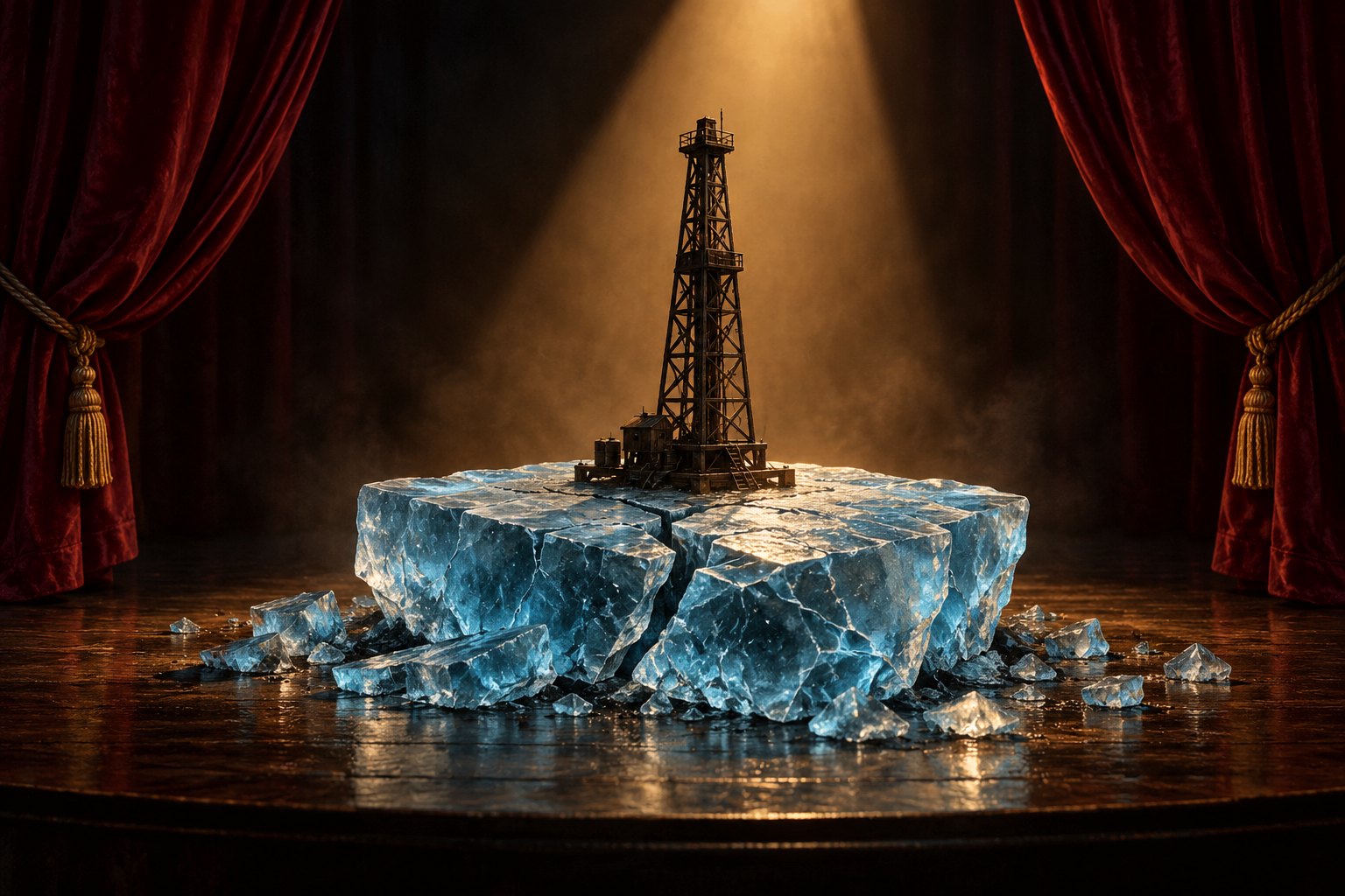 Conceptual illustration of an oil derrick on fractured blue ice beneath a theater spotlight and burgundy curtains.