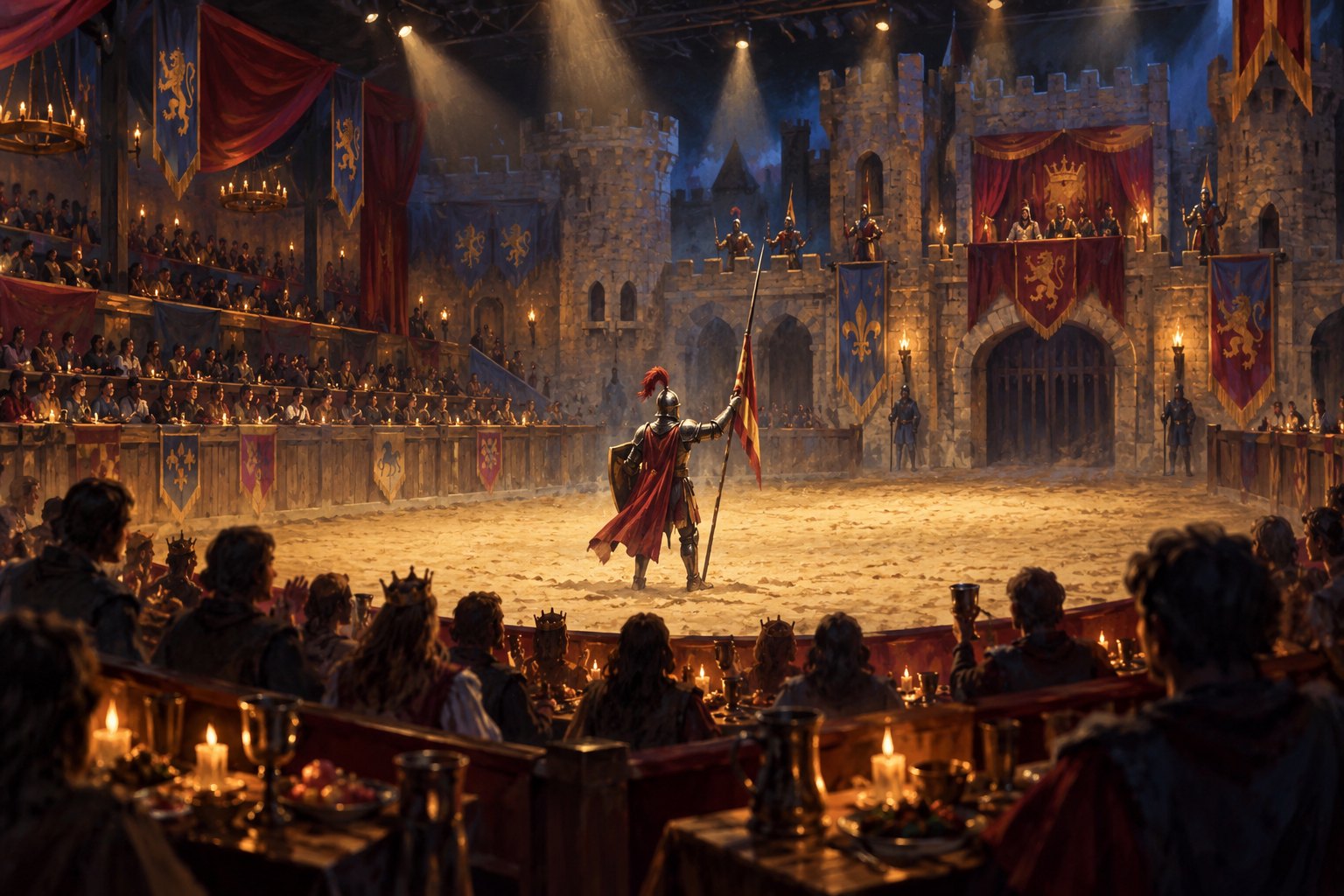 Conceptual illustration of an armored performer standing in a medieval-themed dinner theater arena surrounded by spectators.