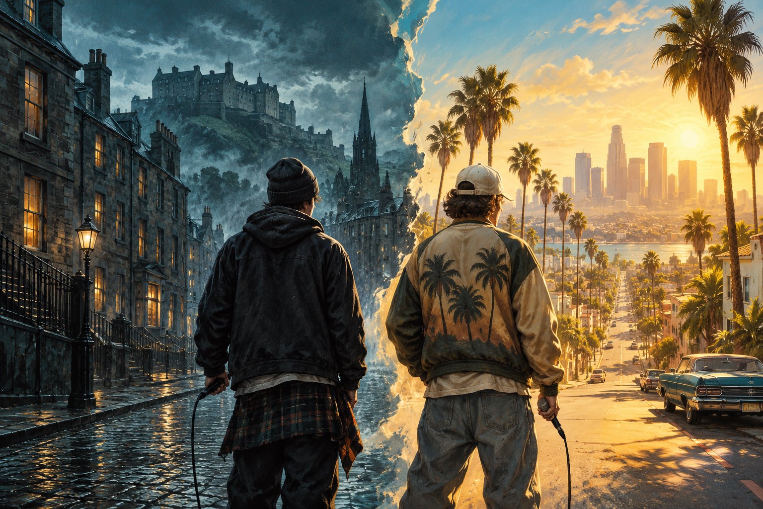 Conceptual illustration of two musicians facing contrasting Scottish streets and a sunlit California landscape.