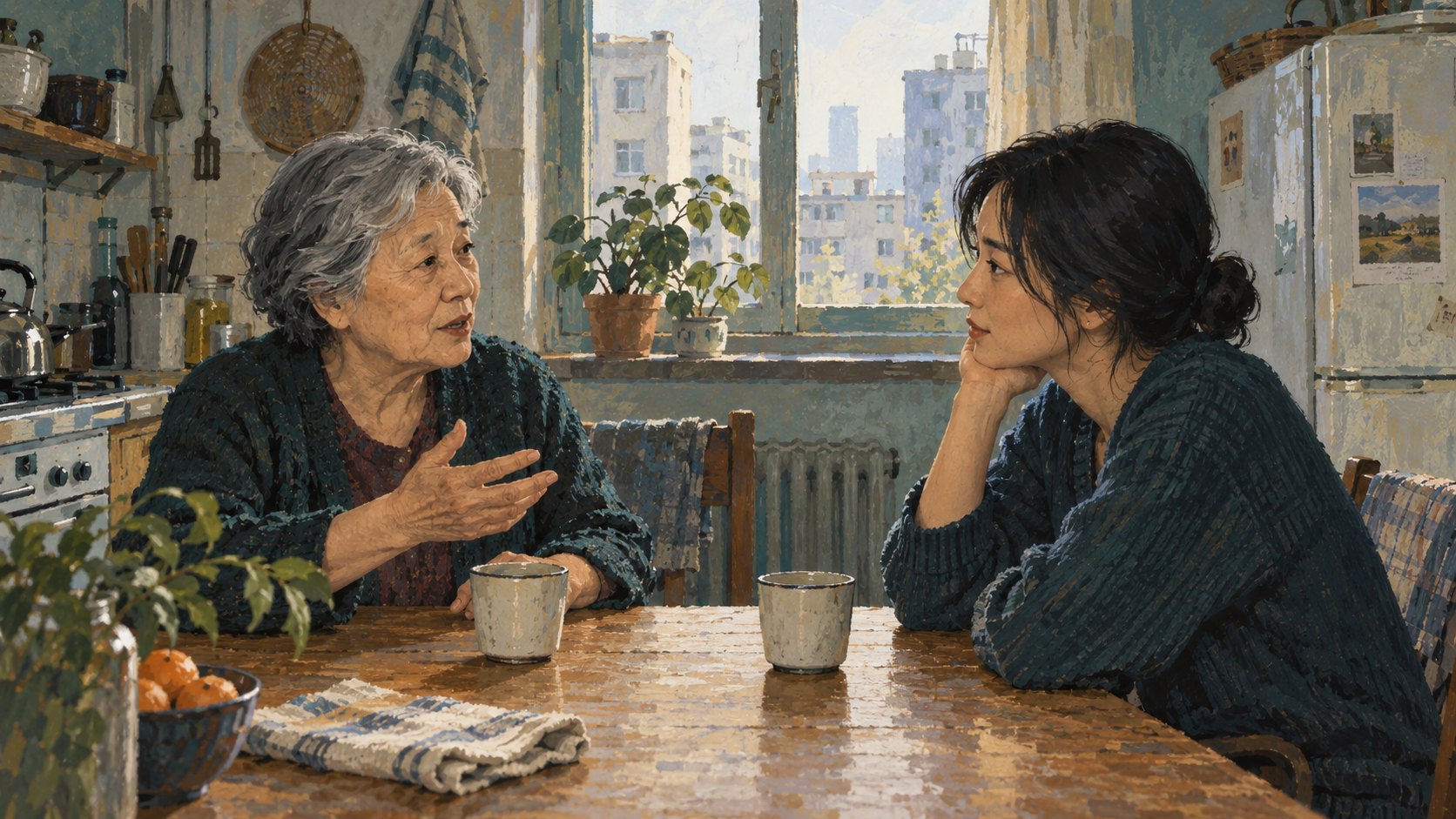 概念插畫:兩名不同世代的女性在日常餐桌旁平視交談,呈現傾聽與理解