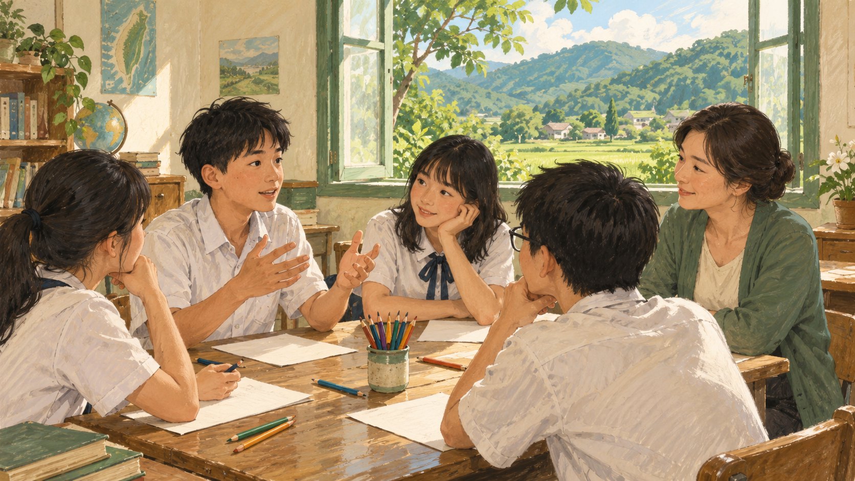 學生與教師在窗外可見青山的教室圍桌交流，為映後討論情境示意