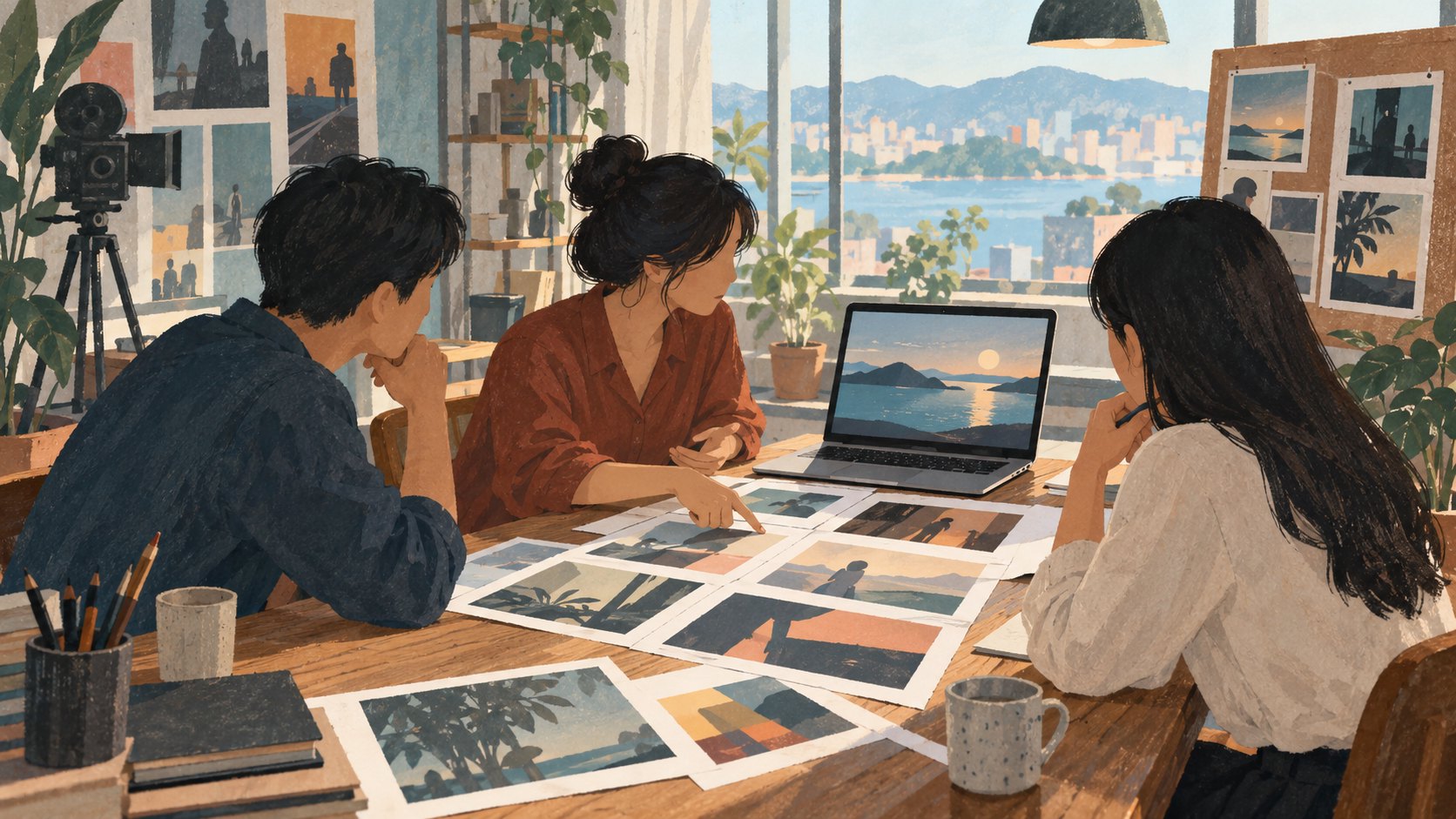 三名電影工作者圍桌討論分鏡與影像的市場洽談概念插畫,非活動現場紀錄