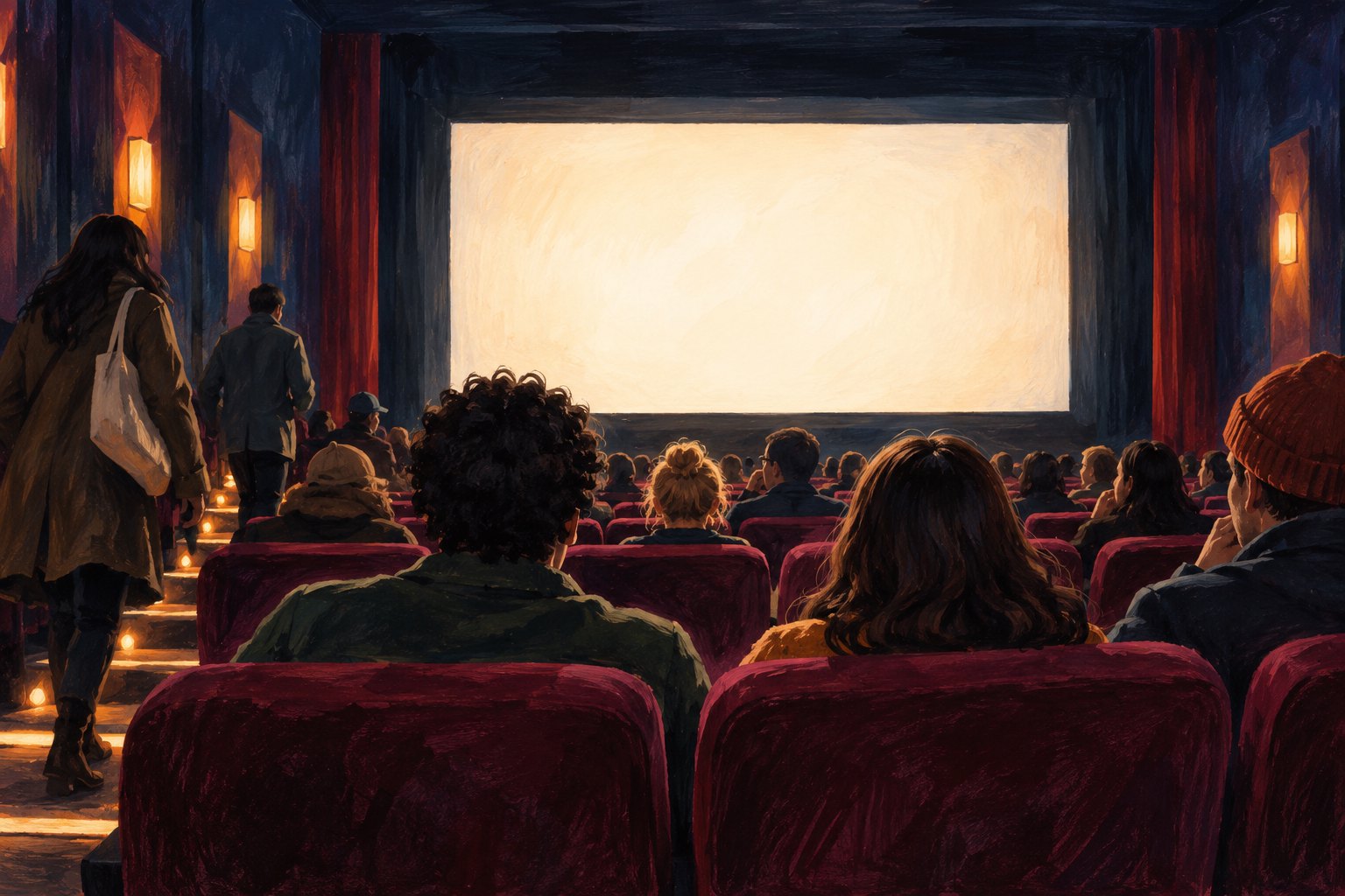 Illustration of moviegoers settling into burgundy theater seats beneath a softly glowing blank screen.